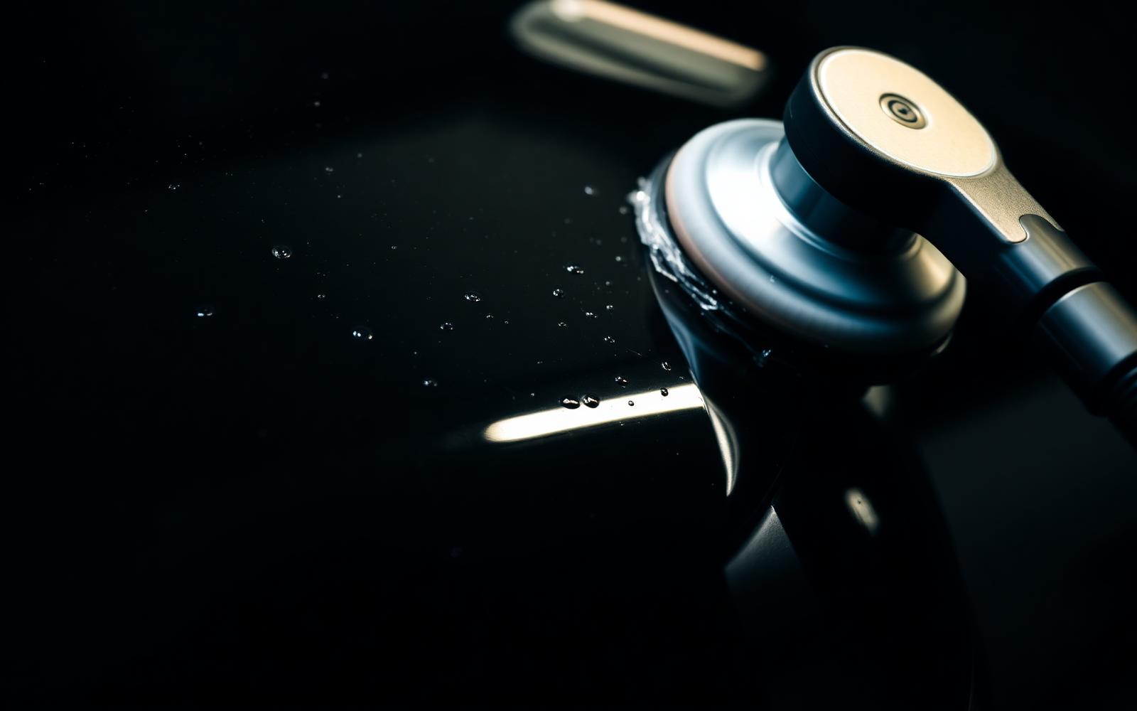 Close-up of a machine polisher on glossy black car paint under dramatic lighting