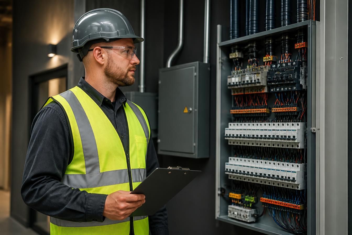 Licensed electrician in safety gear working inside a neatly wired electrical panel