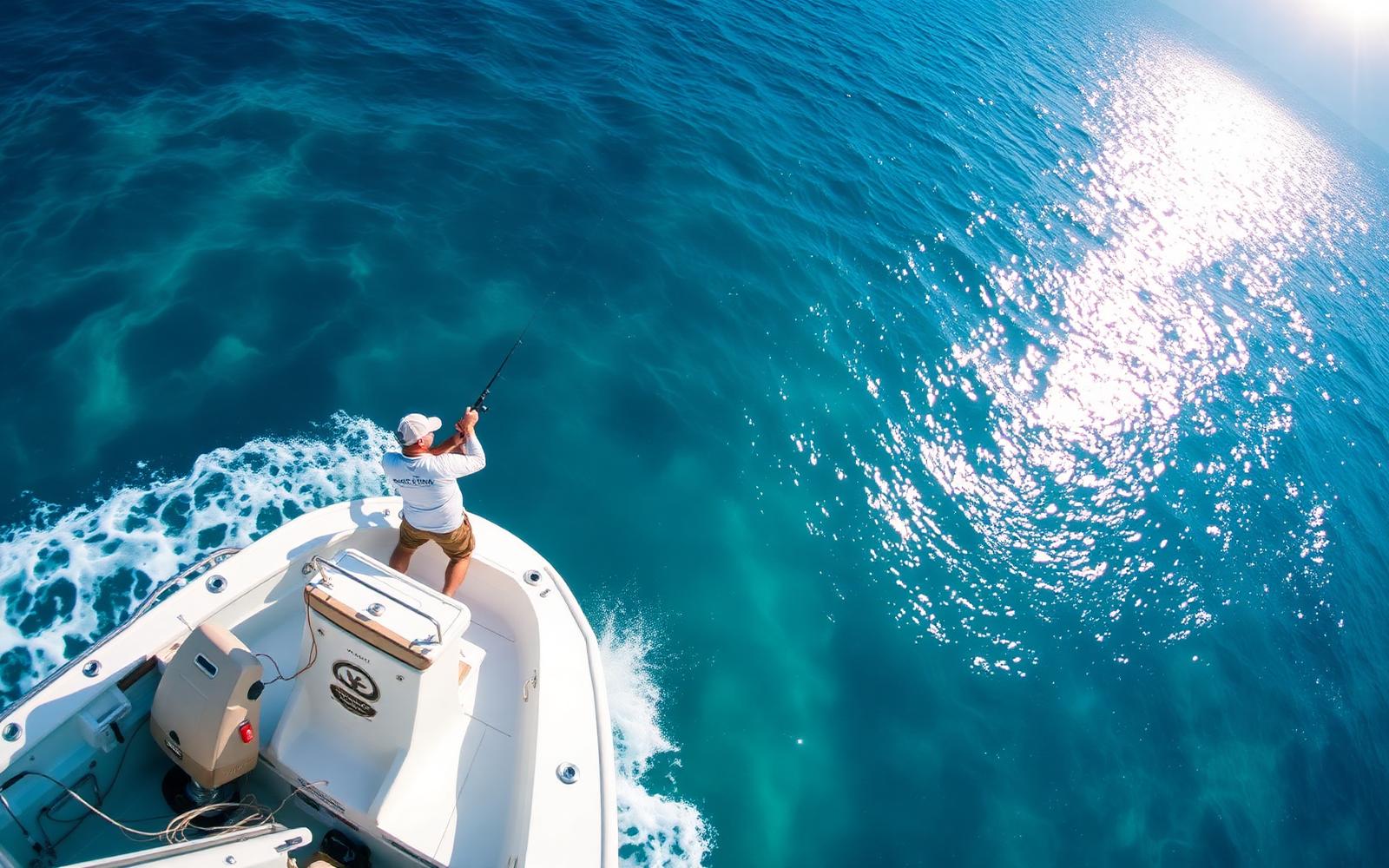 Angler fighting a fish from the bow of a sport fishing boat over turquoise Florida Keys water