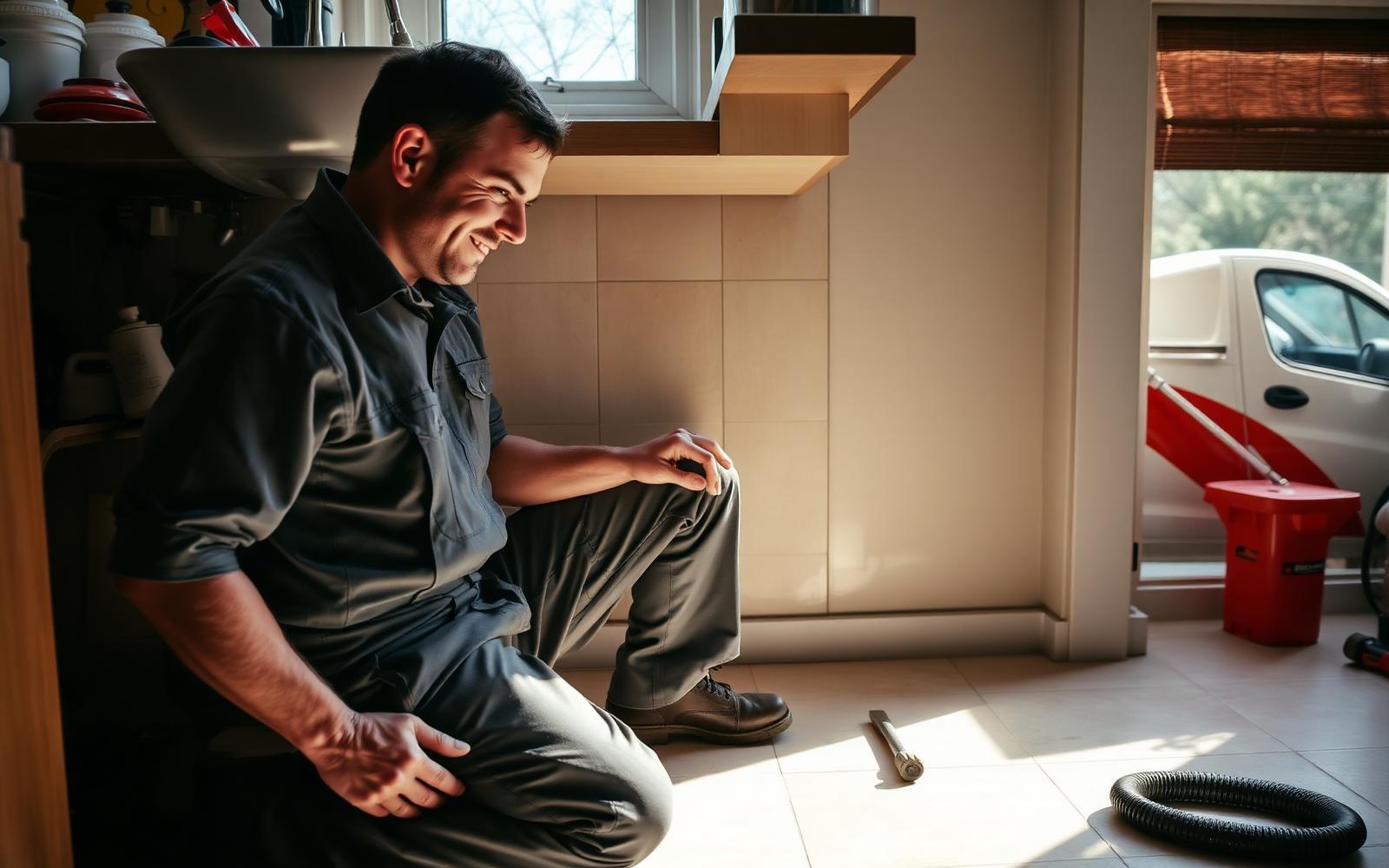 Uniformed plumber working under a residential kitchen sink with a service van outside