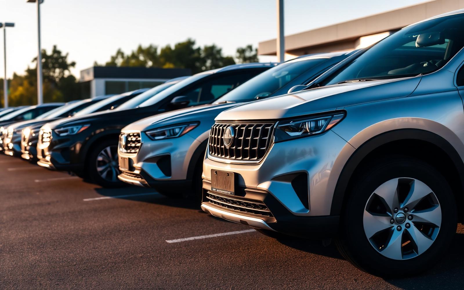 Row of clean used cars on a small dealership lot at golden hour