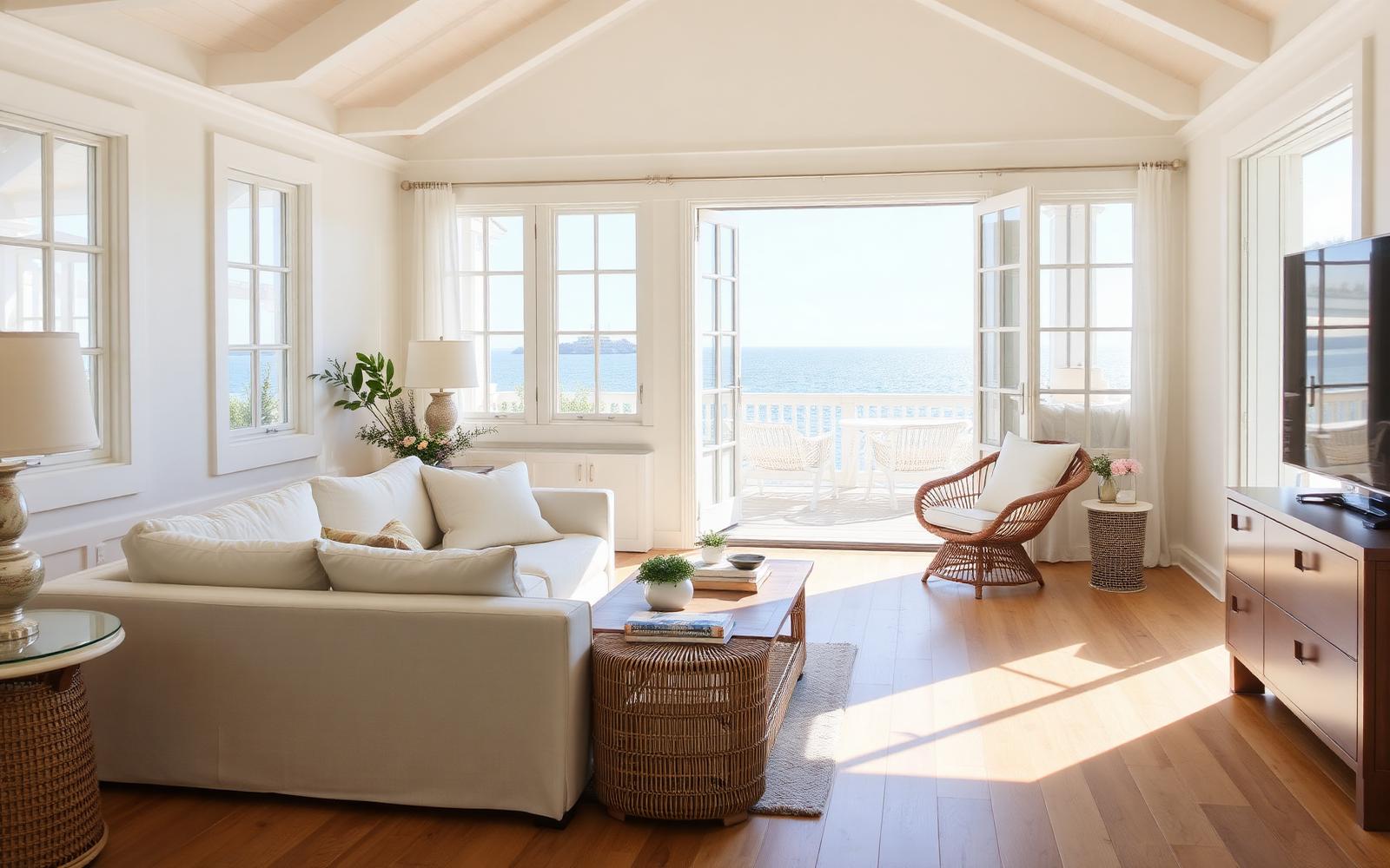 Sunlit coastal vacation rental living room with linen sofa and open doors to the ocean